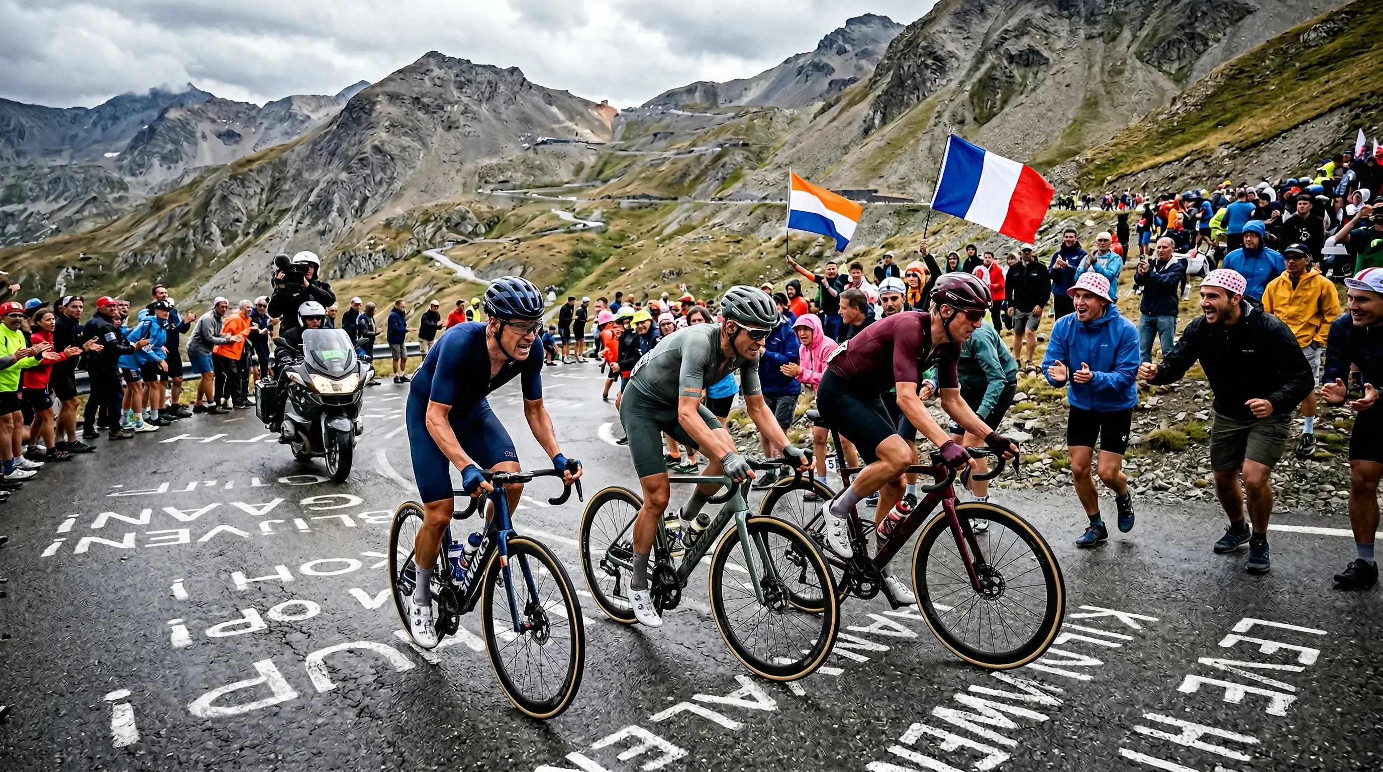 Klimmers op een steile bergweg tijdens een bergetappe van de Tour de France met toeschouwers langs de weg