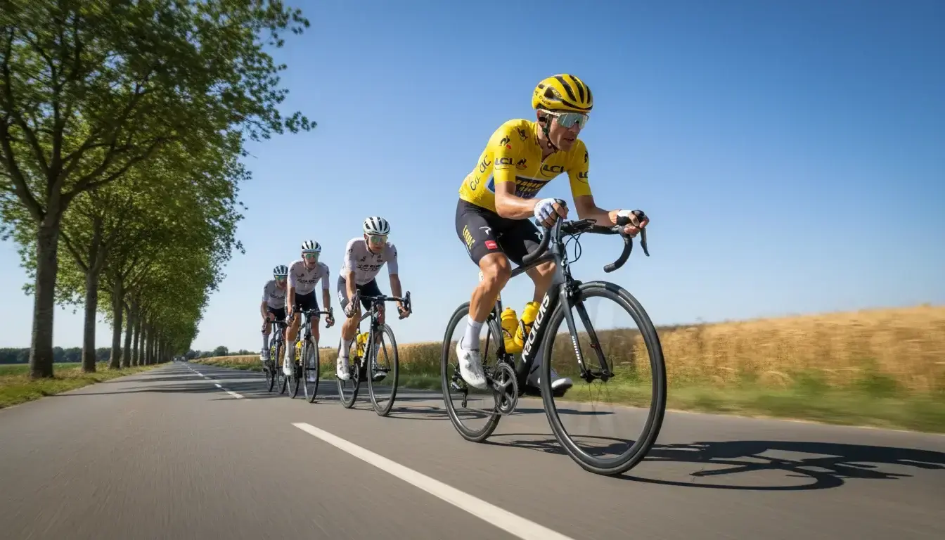 Wielrenner in de gele trui rijdt aan kop van het peloton in de Tour de France