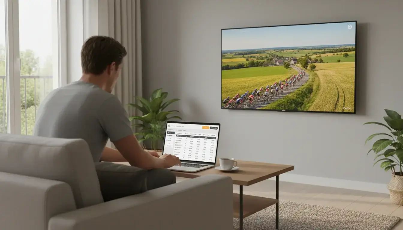 Persoon bekijkt een live wielrennen uitzending op televisie met een laptop ernaast