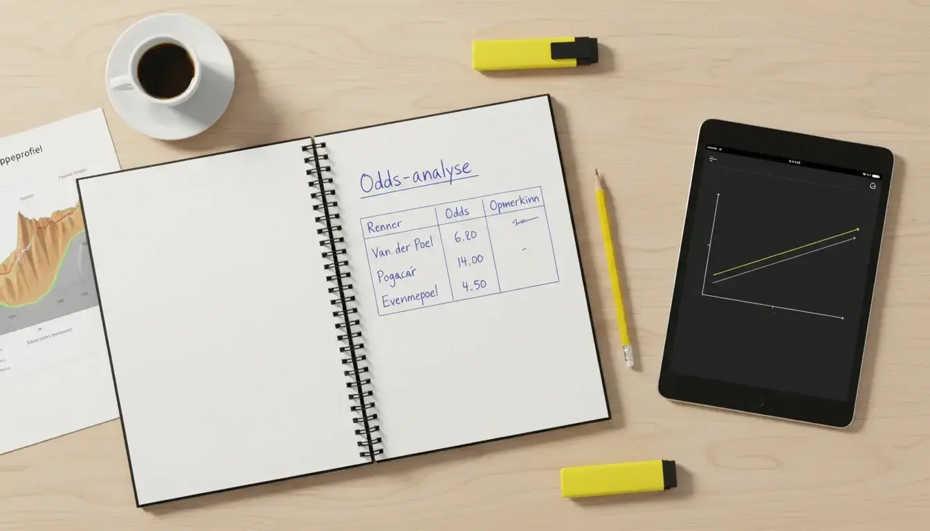 Notitieboek met handgeschreven wielrennen analyse naast een scherm met decimale quoteringen