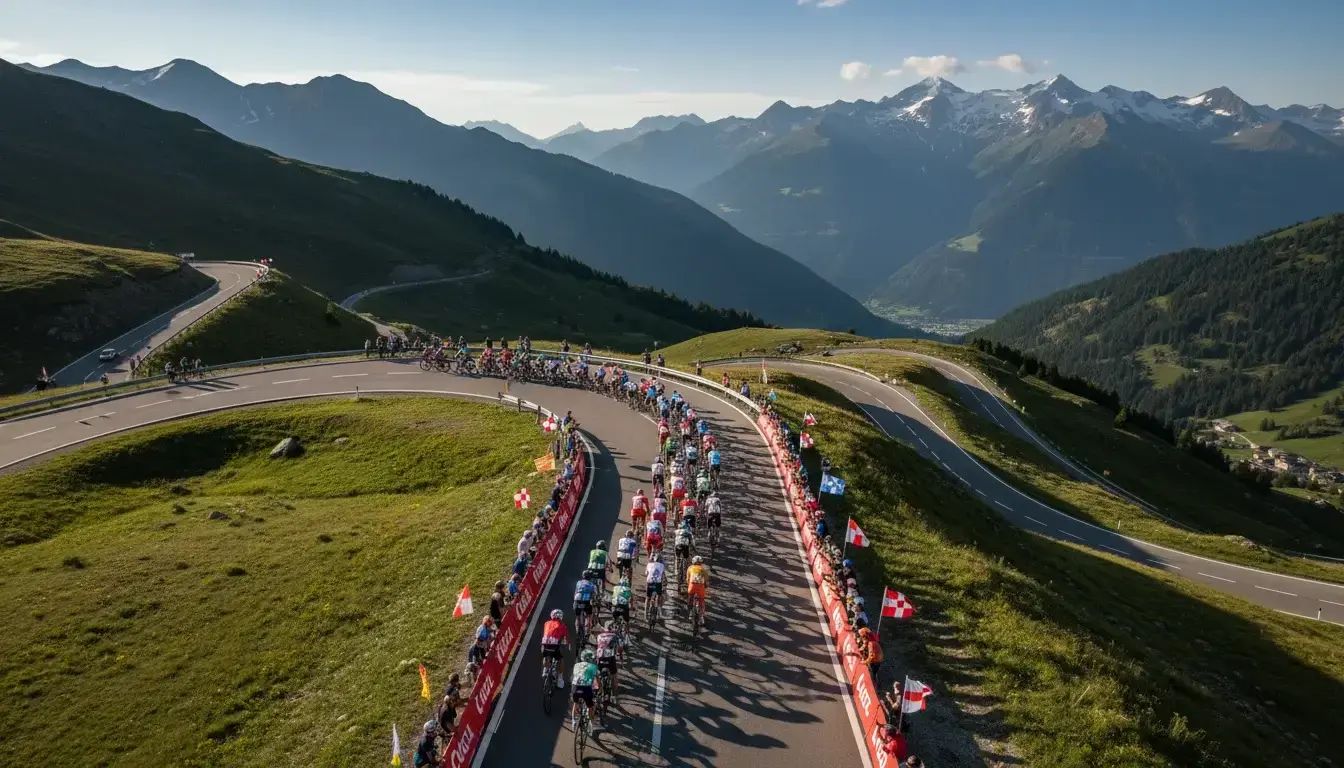 Wielrenners in het peloton beklimmen een bergpas tijdens de Tour de France